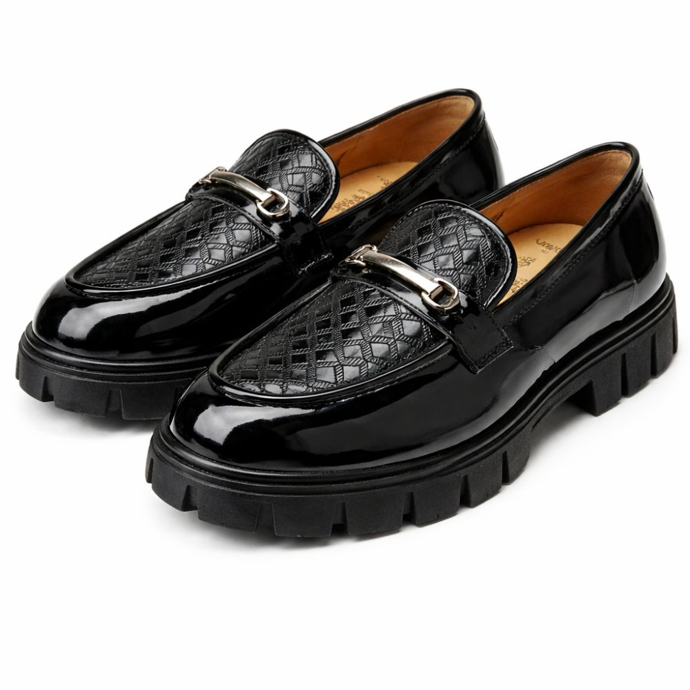 Glossy Black Slip On Dress Loafers with Metal Accent